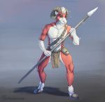  2019 abs anthro athletic balls belt boss_monster bovid bulge caprine clothing digitigrade fur hair hi_res holding_object holding_weapon hooves horn invalid_tag loincloth malachi_(character) male mammal melee_weapon multicolored_fur muscular naruka penis pink_eyes polearm potion pouch red_fur shadow solo spear standing tribal two_tone_fur undertale vial video_games weapon white_fur 