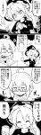 1girl 4koma absurdres ahoge arm_behind_back book bow braid buttons choker closed_eyes clueless coat comic dress futa_(nabezoko) glasses greyscale hair_bow hat heart highres holding holding_book japanese_clothes jar kirisame_marisa light_bulb long_hair long_sleeves looking_away monochrome morichika_rinnosuke open_mouth reading smile sweat touhou translated witch_hat 