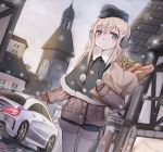  alternate_costume bag baguette bangs blonde_hair blue_eyes blush bread building buttons car clock clock_tower closed_mouth coat commentary_request day dutch_angle earmuffs eyebrows_visible_through_hair food grey_sky grocery_bag ground_vehicle hair_between_eyes hat headgear highres holding kabayaki_namazu kantai_collection long_hair looking_at_viewer mittens motor_vehicle outdoors shopping_bag smile snowing solo standing sweater sweater_vest thighhighs tower u-511_(kantai_collection) winter winter_clothes 