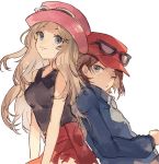  1girl black-framed_eyewear black_shirt blue_jacket breasts brown_hair calme_(pokemon) collarbone eyewear_on_head green_eyes grey_eyes hat jacket long_hair long_sleeves looking_at_viewer medium_breasts one_eye_closed pink_hat pokemon pokemon_(game) pokemon_xy red_hat red_skirt serena_(pokemon) shirt simple_background sketch skirt sleeveless sleeveless_shirt sunglasses syerii very_long_hair white-framed_eyewear white_background 