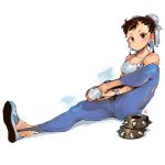  andrea_cofrancesco black_hair blue_earrings bracelet bracelet_removed breasts brown_eyes bun_cover chun-li cleavage double_bun earrings flats flexible full_body hair_ribbon highres jewelry long_legs looking_at_viewer medium_breasts pants ribbon shoes short_hair sitting skin_tight sneakers solo spiked_bracelet spikes street_fighter street_fighter_zero_(series) tank_top white_background yoga_pants 