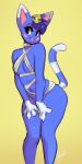  animal_crossing ankha_(animal_crossing) anthro blep blue_fur blue_hair blush breasts buxbi clothed clothing cosplay domestic_cat felid feline felis female fur hair mammal nintendo rosie_(animal_crossing) simple_background smile solo tongue tongue_out uraeus video_games 