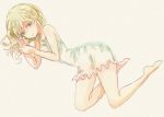  bare_arms bare_legs barefoot beige_background blonde_hair blue_eyes breasts closed_mouth commentary_request dress expressionless full_body green_eyes kingdom_hearts kingdom_hearts_ii long_hair looking_at_viewer namine punine short_dress simple_background sleeveless sleeveless_dress solo white_dress 