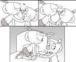  4_fingers animate_inanimate bed black_eyes blush brother brothers clothed clothing comic cup cuphead_(character) cuphead_(game) dialogue duo english_text face_grab gloves half-closed_eyes humanoid humanoid_on_humanoid incest kneeling legwear male male/male mugman not_furry object_head on_bed saliva saliva_string shorts sibling side_view socks speech_bubble text tongue tongue_out toxic-boner video_games 