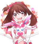  :d bow brown_eyes brown_hair carrying earrings eyebrows_visible_through_hair floating_hair hair_between_eyes hair_bow haruka_(pokemon) head_tilt highres holding jewelry long_hair looking_at_viewer one_side_up open_mouth pink_bow pokemon pokemon_(creature) pokemon_(game) pokemon_oras shirt smile sylveon upper_body white_background white_shirt yuihiko 