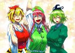  arm_up bangs blonde_hair blue_eyes blush braid breasts brown_hair cleavage clenched_hands commentary_request crossed_arms dress eyebrows_visible_through_hair fangs green_dress green_eyes green_hair hair_between_eyes half-closed_eyes hand_up hands_up hat hong_meiling koyubi_(littlefinger1988) large_breasts long_hair long_sleeves looking_at_viewer multicolored_hair multiple_girls open_mouth outstretched_arm red_hair shirt short_hair short_sleeves side_braid smile soga_no_tojiko star tate_eboshi toramaru_shou touhou twin_braids two-tone_hair upper_body vest wide_sleeves yellow_eyes 