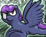  abstract_background big_eyes equine eyelashes fan_character feathered_wings feathers female feral green_eyes hair hooves looking_at_viewer lying mammal my_little_pony on_front pegasus pokehidden purple_hair purple_tail quadruped smile solo toony wings 
