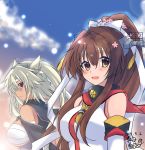  2girls :d armband bangs bare_shoulders blush breasts brown_hair budget_sarashi cloud cloudy_sky commentary_request dated detached_sleeves gorget gradient_sky hair_intakes headband headgear high_ponytail highres kantai_collection large_breasts light_brown_eyes light_particles long_hair long_sleeves looking_at_viewer multiple_girls musashi_(kantai_collection) open_mouth orange_eyes platinum_blonde_hair sakuramon sarashi short_hair_with_long_locks sideways_mouth signature sky smile tassel tsurime upper_body white_headband white_sleeves yamato_(kantai_collection) 