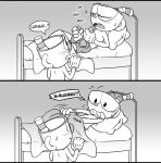  ! 4_fingers ? animate_inanimate balls bed black_eyes blush bunk_bed caught clenched_teeth clothed clothing comic cup cuphead_(character) cuphead_(game) duo erection glans gloves greyscale humanoid humanoid_penis lying male masturbation monochrome mugman not_furry object_head on_back on_bed penile_masturbation penis pillow shocked shorts speech_bubble teeth text toxic-boner under_covers video_games 