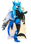  2018 5_fingers anthro avian barefoot beak black_beak blue_eyes blue_hair butt_pose clothed clothing digitigrade feathered_wings feathers female gryphon hair leather legwear shalinka simple_background solo standing thigh_highs whip wings 