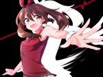  :d black_background bow bracelet brown_eyes brown_hair floating_hair hair_bow hairband haruka_(pokemon) jewelry long_hair open_mouth outstretched_arms pokemon pokemon_(game) pokemon_oras red_bow red_hairband red_shirt shirt sleeveless sleeveless_shirt smile solo upper_body yuihiko 