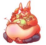  anthro barefoot belly ben-ben beverage big_belly blush buckteeth button_pop carrot chubby_cheeks clothed clothing eating eyewear food glasses holding_beverage holding_food holding_object hyper hyper_belly lagomorph male mammal midriff morbidly_obese obese obese_male overweight overweight_male rabbit simple_background sitting solo straining_buttons teeth vegetable weight_gain white_background 