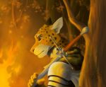  0laffson anthro armor cheetah digital_media_(artwork) digital_painting_(artwork) enorach_(0laffson) feline fire forest holding_object holding_weapon male mammal melee_weapon night outside solo sword tree weapon yellow_eyes 