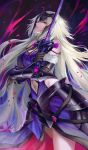  absurdres armor armored_dress black_dress black_gloves breasts cowboy_shot dress eyebrows_visible_through_hair fate/grand_order fate_(series) fur_trim gauntlets gloves headpiece highres jeanne_d'arc_(alter)_(fate) jeanne_d'arc_(fate)_(all) large_breasts long_hair looking_at_viewer pengnangehao silver_hair solo sword weapon yellow_eyes 