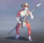  2019 abs animal_genitalia anthro athletic balls belt bovid caprine clothing digitigrade fully_sheathed fur hair hi_res holding_object holding_weapon hooves horn loincloth malachi_(character) male mammal melee_weapon multicolored_fur muscular naruka penis pink_eyes polearm potion pouch red_fur shadow sheath solo spear standing tribal two_tone_fur vial weapon white_fur 
