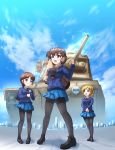  blonde_hair braid breasts brown_eyes brown_hair cloud commentary_request day emblem girls_und_panzer ground_vehicle haiiro_purin highres long_hair matilda_(tank) military military_vehicle motor_vehicle multiple_girls rukuriri skirt sky smile st._gloriana's_(emblem) st._gloriana's_school_uniform tank 