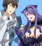  black_armor breasts brown_hair camilla_(fire_emblem_if) female_my_unit_(fire_emblem_if) fire_emblem fire_emblem:_kakusei fire_emblem_if fire_emblem_musou frederik_(fire_emblem) hair_over_one_eye large_breasts long_hair mejiro my_unit_(fire_emblem_if) open_mouth purple_eyes purple_hair short_hair smile very_long_hair wavy_hair 