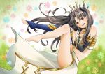  :d asymmetrical_legwear asymmetrical_sleeves barefoot black_bow black_sleeves blue_legwear bow bra breasts brown_hair cape choker cleavage detached_sleeves diadem eyebrows_visible_through_hair fate/grand_order fate_(series) floating_hair full_body hair_bow ishtar_(fate/grand_order) long_hair long_sleeves looking_at_viewer medium_breasts open_mouth orange-color red_eyes shiny shiny_hair single_sleeve single_thighhigh smile solo striped striped_bra thighhighs twintails underwear very_long_hair waist_cape white_cape 