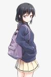  backpack bag black_hair blue_cardigan blush cardigan closed_mouth from_side hand_in_pocket looking_back okiru pleated_skirt purple_eyes school_uniform simple_background skirt solo tamura_yuri watashi_ga_motenai_no_wa_dou_kangaetemo_omaera_ga_warui! 