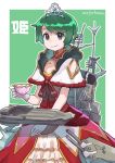  adapted_costume antennae bangs brown_eyes cannon cowboy_shot cup dress gloves green_background green_hair kantai_collection machinery mogami_(kantai_collection) mogamiya_honu princess red_dress short_hair smokestack solo swept_bangs teacup tiara tray turret white_gloves 