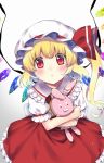  :o ascot bangs blonde_hair blush flandre_scarlet frilled_skirt frills gradient gradient_background grey_background hat hat_ribbon head_tilt kapuchii long_hair looking_at_viewer mob_cap object_hug puffy_short_sleeves puffy_sleeves red_eyes red_ribbon red_skirt red_vest ribbon shirt short_sleeves side_ponytail skirt skirt_set solo stuffed_animal stuffed_bunny stuffed_toy touhou vest white_background white_hat white_shirt wings yellow_neckwear 