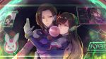 2girls bodysuit breasts brown_eyes brown_hair bubble chewing_gum confused d.mon_(overwatch) d.va_(overwatch) earphones facepaint finger_gun gloves headphones holographic_monitor hsin hug king_(overwatch) long_hair looking_at_another looking_at_viewer medium_breasts multiple_boys multiple_girls one_eye_closed overlord_(overwatch) overwatch parted_lips pilot_suit self_shot short_hair shoulder_pads sitting sitting_on_lap sitting_on_person small_breasts smile white_gloves 