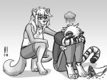  2018 anthro breasts canine clothing comforting crouching feline female flower full_body harry_campbell heresy_(artist) jensca male mammal monochrome pants plant raincloud rejected sad shirt shorts simple_background sketch tiger wolf 
