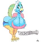  anthro avian big_breasts bird breasts cleavage clothed clothing cutoffs denim_shorts female green_eyes huge_breasts looking_at_viewer non-mammal_breasts peafowl shirt shorts simple_background solo tongue tongue_out vimhomeless white_background 