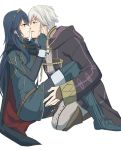  1girl black_cape black_coat black_pants blue_eyes blue_hair brown_eyes brown_footwear cape couple eye_contact fire_emblem fire_emblem:_kakusei from_side grey_pants hairband imminent_kiss long_hair looking_at_another lucina male_my_unit_(fire_emblem:_kakusei) mejiro my_unit_(fire_emblem:_kakusei) pants parted_lips silver_hair simple_background sitting very_long_hair white_background 