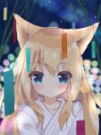  bangs blonde_hair blue_eyes blurry blurry_background blush closed_mouth collarbone commentary_request depth_of_field eyebrows_visible_through_hair hair_between_eyes hamaru_(s5625t) japanese_clothes kimono long_hair looking_at_viewer night night_sky original outdoors sky slit_pupils smile solo star_(sky) starry_sky tanabata tanzaku upper_body white_kimono 