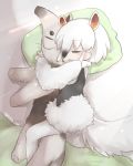  animal_ears bangs closed_eyes commentary_request drooling eyebrows_visible_through_hair from_above fur_collar hair_between_eyes hands_up kemono_friends long_sleeves lying multicolored_hair object_hug on_side open_mouth sketch_eyebrows sleeping solo southern_tamandua_(kemono_friends) stuffed_animal stuffed_anteater stuffed_toy tail tatsuno_newo twitter_username underbust white_fur white_hair 