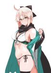  arm_guards bikini black_bow black_scarf bow breasts brown_eyes cleavage commentary_request eyebrows_visible_through_hair fate/grand_order fate_(series) green_kimono grin hair_between_eyes hair_bow half_updo japanese_clothes kimono large_breasts light_brown_hair okita_souji_(fate) okita_souji_(fate)_(all) ruuto_(sorufu) scarf side-tie_bikini sleeveless sleeveless_kimono smile swimsuit thighhighs white_background white_bikini 