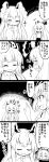  4koma :x =_= absurdres animal_ears blush bow breasts bunny_ears carrot closed_eyes comic dress_shirt flying_sweatdrops fujiwara_no_mokou futa_(nabezoko) greyscale hair_bow hand_on_hip hand_up highres large_breasts long_hair medium_breasts monochrome multiple_girls necktie open_mouth pants reisen_udongein_inaba shirt short_sleeves sidelocks sleeves_rolled_up smile suspenders sweatdrop touhou translated urban_legend_in_limbo 