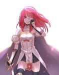  arm_guards black_gloves breastplate cape celica_(fire_emblem) commentary_request detached_collar dress fingerless_gloves fire_emblem fire_emblem_echoes:_mou_hitori_no_eiyuuou gloves hand_on_own_face highres holding holding_sword holding_weapon long_hair parted_lips red_eyes red_hair repu_(rep_sha) simple_background solo sword thighhighs weapon white_background zettai_ryouiki 