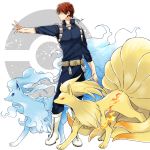  alolan_form alolan_ninetales blue_bodysuit bodysuit boku_no_hero_academia boots crossover dandel looking_to_the_side ninetales outstretched_arm poke_ball_symbol pokemon pokemon_(creature) red_hair signature todoroki_shouto white_footwear 