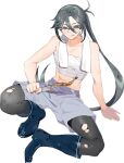  1girl abs amagiri_(kancolle) amagiri_(saury_festival)_(kancolle) barefoot black_footwear black_pantyhose boots drew_(drew213g) fish glasses grey_eyes grey_hair grey_shorts hair_between_eyes kantai_collection long_hair official_alternate_costume official_art pantyhose rubber_boots sarashi shorts sitting solo torn_clothes torn_pantyhose transparent_background 