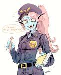  artist_name belt blue_skin chief_undyne deltarune eyepatch hat head_fins highres holding holding_pen long_hair looking_at_viewer monster_girl nail_polish noaharbre notepad pen pencil_skirt pink_nails police police_hat police_uniform policewoman ponytail red_hair sharp_teeth simple_background skirt smile solo standing teeth undertale undyne uniform white_background yellow_sclera 