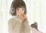  akg animal bangs black_eyes blunt_bangs bob_cut bread brown_hair cat commentary_request eating food headphones k701 kurumipan nakamura_hinata original revision short_hair solo sweater upper_body 