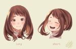  :d alternate_hair_length alternate_hairstyle blush boku_no_hero_academia brown_eyes brown_hair closed_eyes collar grey_background laughing long_hair multiple_views nanaminn open_mouth portrait short_eyebrows short_hair sidelocks signature smile uraraka_ochako 