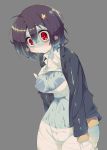  areolae bandages black_hair blazer breasts commentary_request grey_background hair_between_eyes hair_ornament jacket kanibasami large_areolae looking_at_viewer medium_breasts mizuno_ai nipples red_eyes short_hair solo sweat zombie zombie_land_saga 