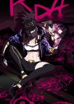  akali asymmetrical_legwear baseball_cap black_hair breasts cleavage comic commentary evelynn face_mask full_body graffiti half-closed_eyes hat heterochromia highres idol k/da_(league_of_legends) k/da_akali k/da_evelynn league_of_legends lipstick looking_at_viewer lying makeup mask midriff multiple_girls nail_polish navel on_back painting pants parted_lips ponytail purple_hair shilin sitting spray_can spread_legs strapless tubetop yellow_eyes 