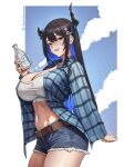  1girl abs absurdres alternate_costume asymmetrical_horns black_hair blue_hair bottle breasts cloud cloudy_sky colored_inner_hair demon_horns denim denim_shorts flower hair_ornament highres holding holding_bottle hololive hololive_english horn_flower horns huge_breasts long_hair looking_at_viewer midriff milk_bottle mole mole_under_eye multicolored_hair navel nerissa_ravencroft open_clothes open_shirt red_eyes seventeencrows shorts simple_background sky smile solo twitter_username two-tone_hair virtual_youtuber white_background 