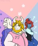  anthro asgore_dreemurr beard better_version_at_source blonde_hair blue_skin boss_monster caprine clothing dress eyewear facial_hair female fish flower freckles fur glasses goatboyalex hair horn jewelry kanaking long_ears male mammal marine melee_weapon necklace plant polearm purple_dress red_hair spear toriel undertale undyne varsity_jacket video_games weapon white_fur 