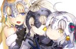  :d bare_shoulders bell black_gloves blue_eyes blush blush_stickers bow fate/apocrypha fate/grand_order fate_(series) fur_trim gauntlets gloves hair_bow helmet iwasaki_takashi jeanne_d'arc_(alter)_(fate) jeanne_d'arc_(fate) jeanne_d'arc_(fate)_(all) jeanne_d'arc_alter_santa_lily long_hair looking_at_viewer multiple_girls open_mouth simple_background smile v white_background white_hair yellow_eyes 