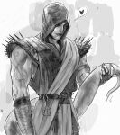  1boy absurdres arm_up belt closed_eyes commentary cowboy_shot facial_tattoo fingerless_gloves gloves greyscale gruhhhu heart highres holding_own_tail hood hood_up hooded_robe key lizard_tail looking_ahead male_focus monochrome mortal_kombat_(series) mortal_kombat_1_(2023) reptile_(mortal_kombat) reptile_boy robe sash scales shoulder_spikes shoulder_tattoo solo speech_bubble spikes spoken_heart tail tattoo 