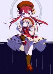  2girls asaichi bell brown_footwear closed_mouth dress e.g.o_(project_moon) employee_(project_moon) hat hat_bell highres jingle_bell laetitia_(e.g.o) laetitia_(project_moon) loafers lobotomy_corporation long_hair long_sleeves low_twintails multiple_girls pink_dress pink_eyes pink_hair pink_hat project_moon red_hat shirt shoes sitting smile twintails 