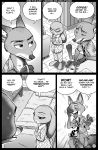  2018 anthro borba canine clothed clothing comic disney english_text female fox fur hawaiian_shirt hi_res judy_hopps lagomorph male mammal monochrome nick_wilde rabbit shirt text zootopia 