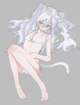  1girl animal_ear_fluff animal_ears ass barefoot bikini blue_eyes breasts cat_ears cat_girl cat_tail feet grey_background hand_on_own_stomach knees_up kurobeko_(kur0bek0) legs long_hair lying on_back original side-tie_bikini_bottom simple_background small_breasts solo stomach swimsuit tail thighs toes twintails white_bikini white_hair 