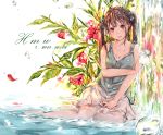  artist_name bare_arms bare_shoulders blush bow breasts brown_hair cleavage collarbone dated flower hair_bow hibiscus hmw_(pixiv7054584) long_hair looking_at_viewer miniskirt no_shoes original parted_lips partially_submerged plant red_eyes red_flower reflection refraction shirt sitting skirt sleeveless sleeveless_shirt smile solo thighhighs twintails upper_teeth water water_drop waterfall white_legwear white_skirt yokozuwari 