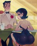  1boy 1girl back bare_shoulders black_hair bleedingpervert blue_eyes blush bow bowtie breasts chair cup dating dress earrings flower formal_clothes from_behind hetero holding ice ice_cube indoors jewelry looking_at_viewer looking_back miss_keane own_hands_together panties_visible_through_clothes pants powerpuff_girls professor_utonium shirt short_hair sitting sleeveless smile sweat sweatdrop table 